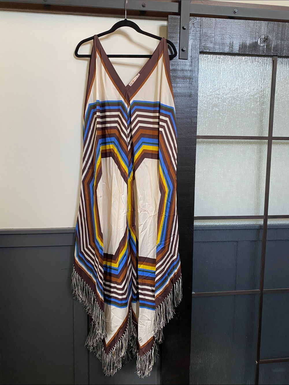 Tory Burch Striped Scarf Fringe Dress 287 Fret Silk Square Size 4